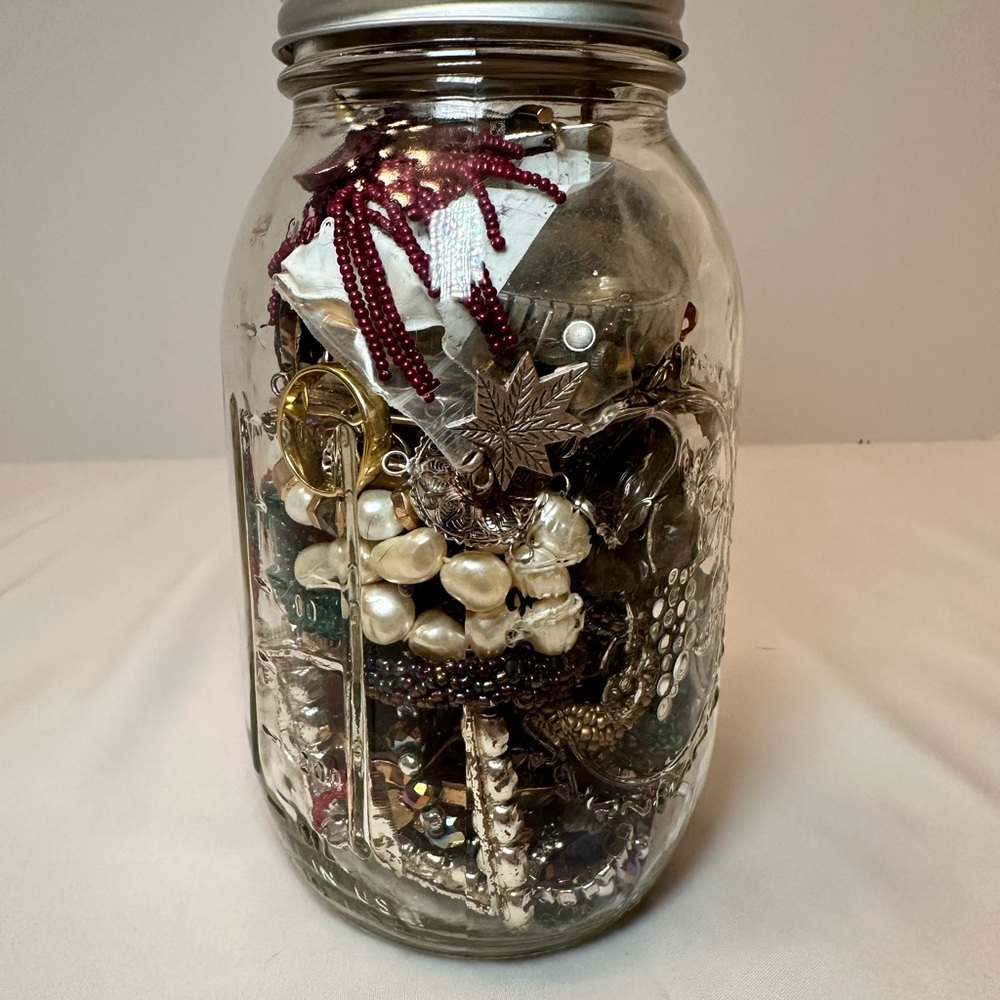 Mystery Mason Jar Filled with Mixed Holiday Jewelry - Silver & Pearl